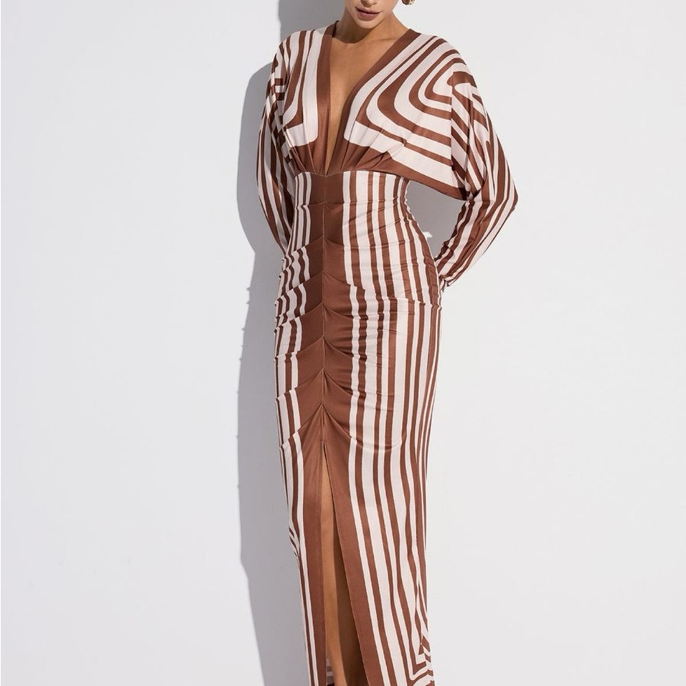 Commense Striped Plunge Neck Slit Midi Dress - Picture 2 of 8